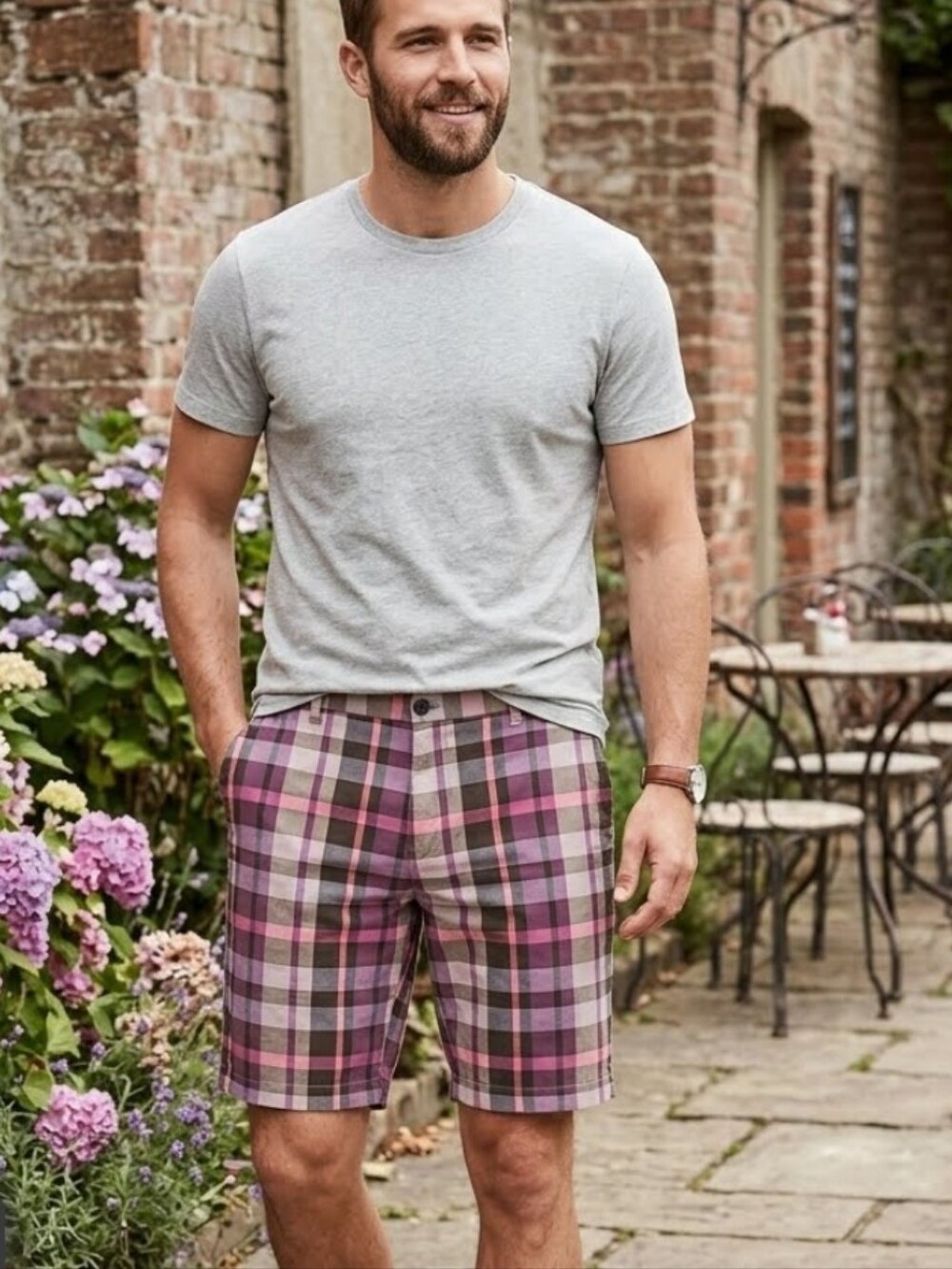 GAP Men's Plaid Flat-Front Shorts - Pink, Brown & Gray